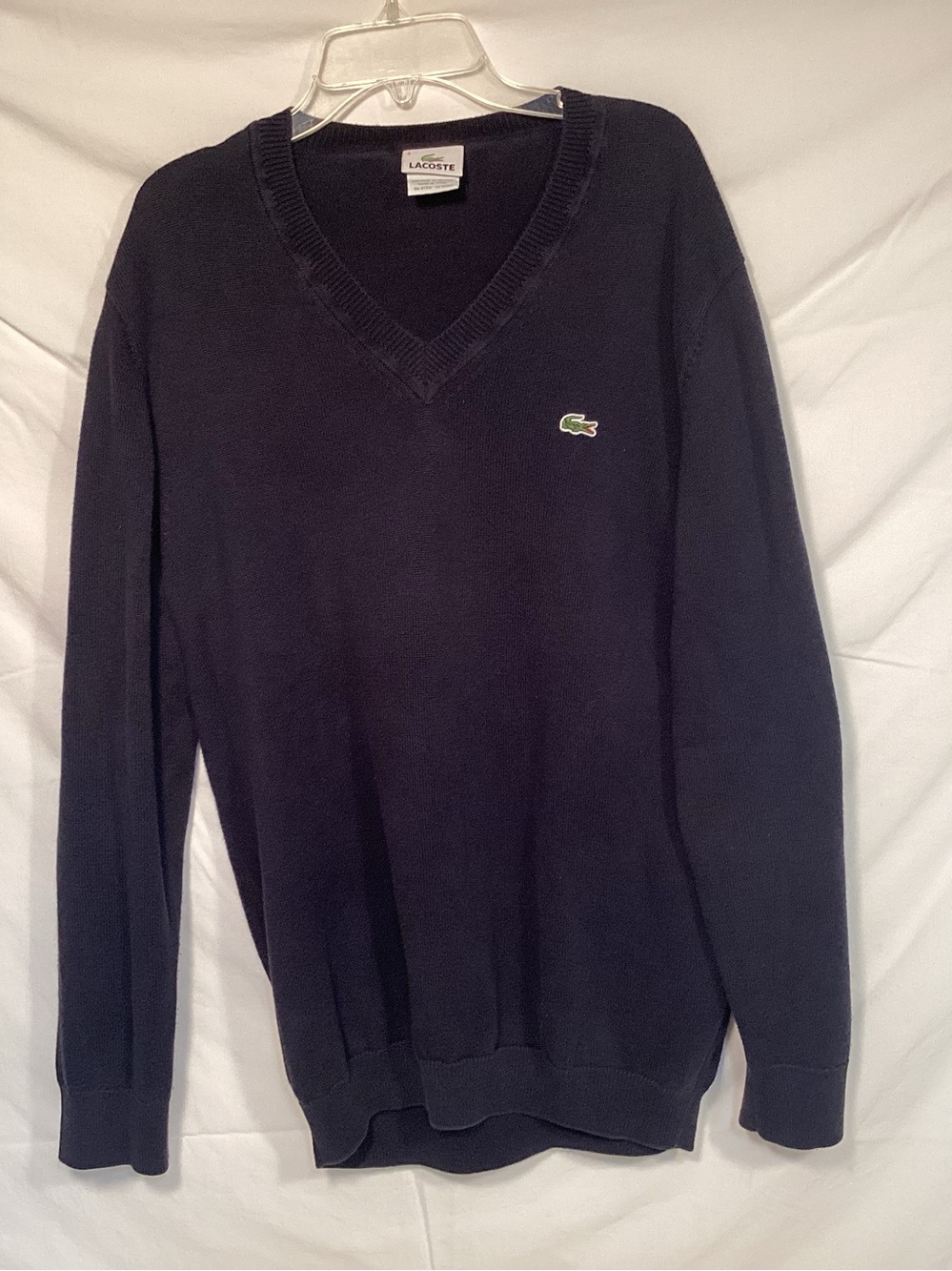 Lacoste Vintage Mens V-Neck Cotton Sweater in Navy with Green Crocodile Logo